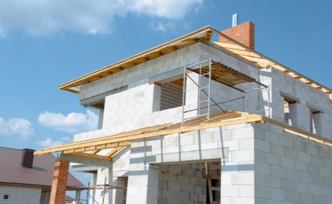Structure en briques blanches d'un projet de construction de maison sous un ciel bleu.
