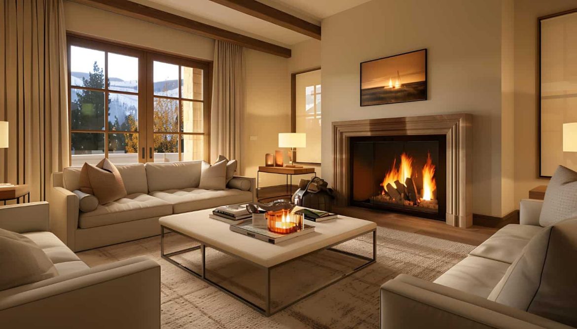 Salon luxueux avec cheminée allumée et vue montagne.