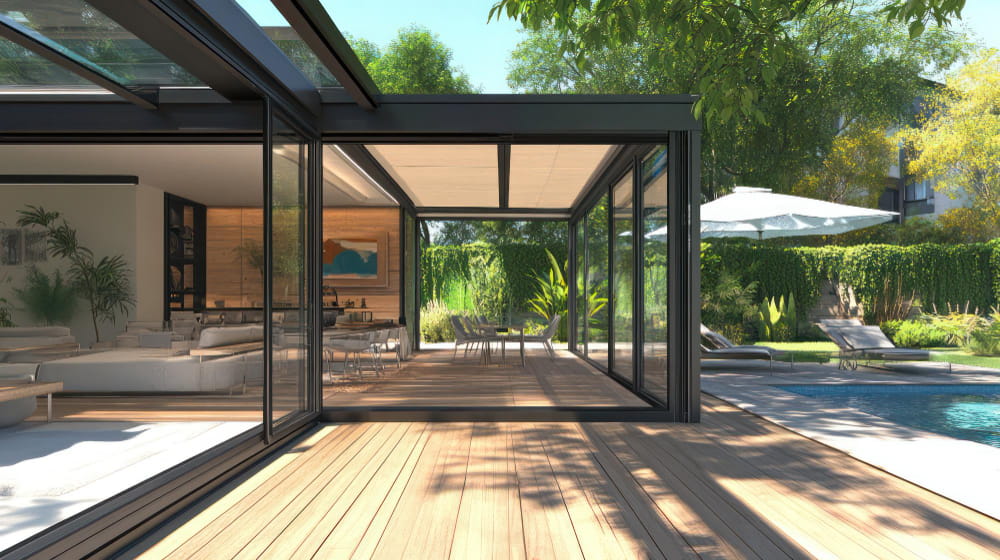Conception d'une véranda moderne à toit plat avec larges baies coulissantes ouvrant sur une piscine et une terrasse en bois
