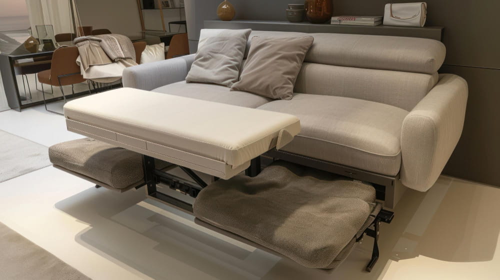 Un canapé convertible design et facile à déplier de couleur beige clair, présenté en mode d'ouverture semi-déplié avec son mécanisme rétractable visible dans un salon moderne.