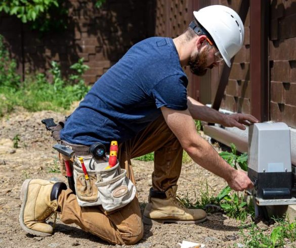 Un artisan équipé d'un casque de chantier inspecte un boîtier technique extérieur lors de l'estimation du prix renovation plomberie maison ancienne.