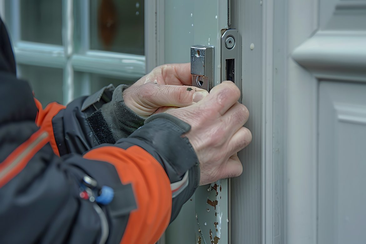 Un technicien réalise une intervention de depannage serrurier paris suite a effraction en réparant le mécanisme d'une serrure.