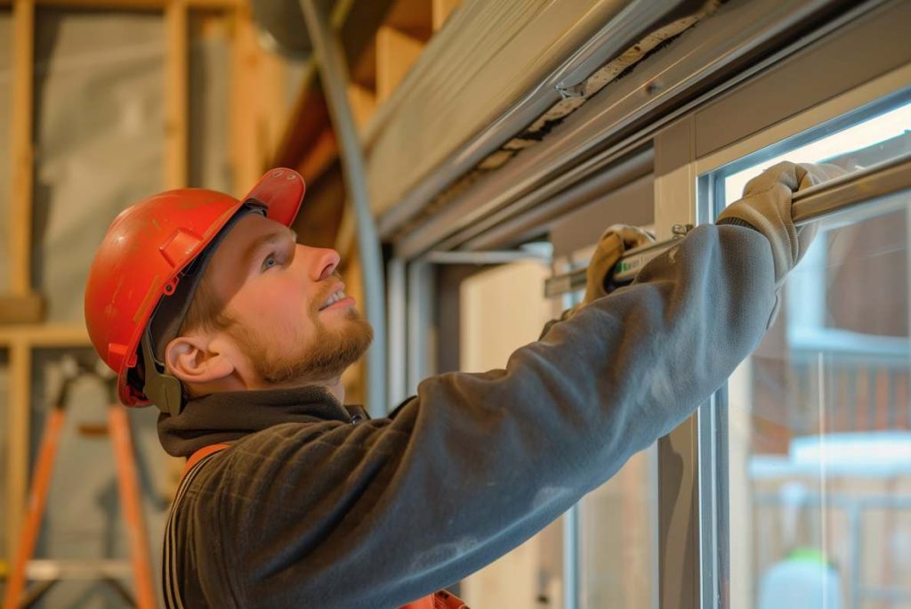 Un ouvrier en casque rouge pose des menuiseries de qualité pour mieux comment optimiser rendement installation chauffage.