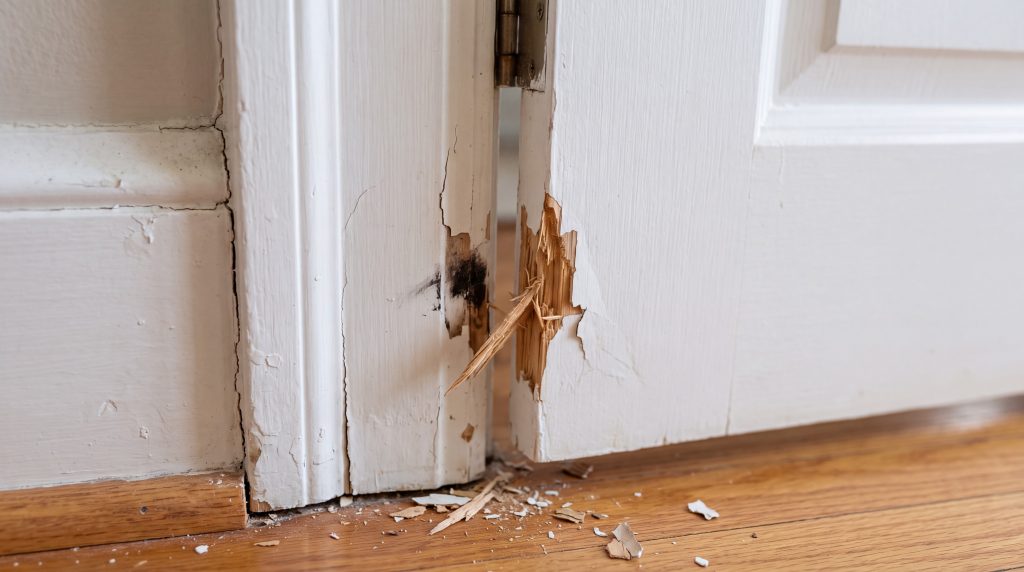 Gros plan sur les dégâts d'une porte en bois fracturée et abîmée au niveau du chambranle, nécessitant un depannage serrurier paris suite a effraction